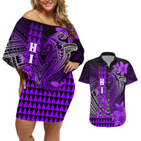 Personalized Hawaii Couples Matching Off Shoulder Short Dress and Hawaiian Shirt Hammerhead Shark Kakau Polynesian Tribal Purple LT05 Purple - Polynesian Pride