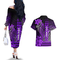 Personalized Hawaii Couples Matching Off The Shoulder Long Sleeve Dress and Hawaiian Shirt Hammerhead Shark Kakau Polynesian Tribal Purple LT05 - Polynesian Pride