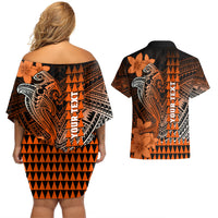 Personalized Hawaii Couples Matching Off Shoulder Short Dress and Hawaiian Shirt Hammerhead Shark Kakau Polynesian Tribal Orange LT05 - Polynesian Pride