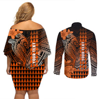 Personalized Hawaii Couples Matching Off Shoulder Short Dress and Long Sleeve Button Shirts Hammerhead Shark Kakau Polynesian Tribal Orange LT05 - Polynesian Pride