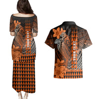 Personalized Hawaii Couples Matching Puletasi Dress and Hawaiian Shirt Hammerhead Shark Kakau Polynesian Tribal Orange LT05 - Polynesian Pride