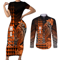 Personalized Hawaii Couples Matching Short Sleeve Bodycon Dress and Long Sleeve Button Shirts Hammerhead Shark Kakau Polynesian Tribal Orange LT05 Orange - Polynesian Pride