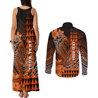 Personalized Hawaii Couples Matching Tank Maxi Dress and Long Sleeve Button Shirts Hammerhead Shark Kakau Polynesian Tribal Orange LT05 - Polynesian Pride