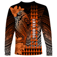 Personalized Hawaii Long Sleeve Shirt Hammerhead Shark Kakau Polynesian Tribal Orange LT05 - Polynesian Pride