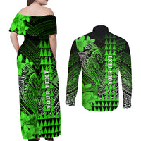 Personalized Hawaii Couples Matching Off Shoulder Maxi Dress and Long Sleeve Button Shirts Hammerhead Shark Kakau Polynesian Tribal Green LT05 - Polynesian Pride