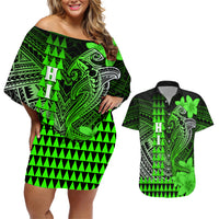 Personalized Hawaii Couples Matching Off Shoulder Short Dress and Hawaiian Shirt Hammerhead Shark Kakau Polynesian Tribal Green LT05 Green - Polynesian Pride