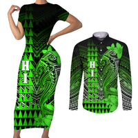 Personalized Hawaii Couples Matching Short Sleeve Bodycon Dress and Long Sleeve Button Shirts Hammerhead Shark Kakau Polynesian Tribal Green LT05 Green - Polynesian Pride