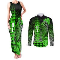 Personalized Hawaii Couples Matching Tank Maxi Dress and Long Sleeve Button Shirts Hammerhead Shark Kakau Polynesian Tribal Green LT05 Green - Polynesian Pride