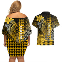 Personalized Hawaii Couples Matching Off Shoulder Short Dress and Hawaiian Shirt Hammerhead Shark Kakau Polynesian Tribal Gold LT05 - Polynesian Pride