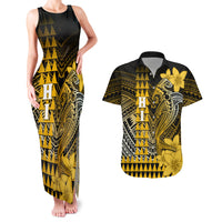 Personalized Hawaii Couples Matching Tank Maxi Dress and Hawaiian Shirt Hammerhead Shark Kakau Polynesian Tribal Gold LT05 Gold - Polynesian Pride