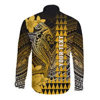 Personalized Hawaii Long Sleeve Button Shirt Hammerhead Shark Kakau Polynesian Tribal Gold LT05 - Polynesian Pride