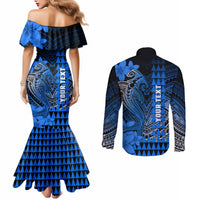 Personalized Hawaii Couples Matching Mermaid Dress and Long Sleeve Button Shirts Hammerhead Shark Kakau Polynesian Tribal Blue LT05 - Polynesian Pride
