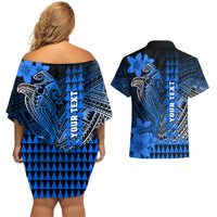 Personalized Hawaii Couples Matching Off Shoulder Short Dress and Hawaiian Shirt Hammerhead Shark Kakau Polynesian Tribal Blue LT05 - Polynesian Pride