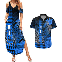 Personalized Hawaii Couples Matching Summer Maxi Dress and Hawaiian Shirt Hammerhead Shark Kakau Polynesian Tribal Blue LT05 Blue - Polynesian Pride
