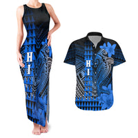 Personalized Hawaii Couples Matching Tank Maxi Dress and Hawaiian Shirt Hammerhead Shark Kakau Polynesian Tribal Blue LT05 Blue - Polynesian Pride