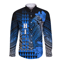 Personalized Hawaii Long Sleeve Button Shirt Hammerhead Shark Kakau Polynesian Tribal Blue LT05 Unisex Blue - Polynesian Pride