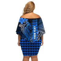 Personalized Hawaii Off Shoulder Short Dress Hammerhead Shark Kakau Polynesian Tribal Blue LT05 - Polynesian Pride
