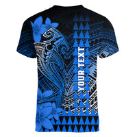 Personalized Hawaii Women V Neck T Shirt Hammerhead Shark Kakau Polynesian Tribal Blue LT05 - Polynesian Pride