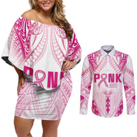 Breast Cancer Pink Out Couples Matching Off Shoulder Short Dress and Long Sleeve Button Shirt Polynesian Art Tattoo White Version LT05 White - Polynesian Pride