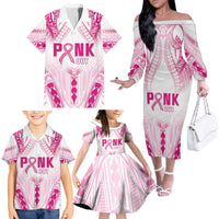 Breast Cancer Pink Out Family Matching Off The Shoulder Long Sleeve Dress and Hawaiian Shirt Polynesian Art Tattoo White Version