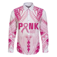 Breast Cancer Pink Out Family Matching Off The Shoulder Long Sleeve Dress and Hawaiian Shirt Polynesian Art Tattoo White Version