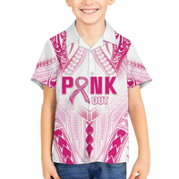 Breast Cancer Pink Out Family Matching Off The Shoulder Long Sleeve Dress and Hawaiian Shirt Polynesian Art Tattoo White Version