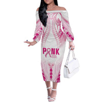 Breast Cancer Pink Out Off The Shoulder Long Sleeve Dress Polynesian Art Tattoo White Version LT05 Women White - Polynesian Pride