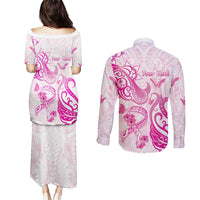 Personalised Breast Cancer Awareness Couples Matching Puletasi and Long Sleeve Button Shirt Ribbon Polynesian Pattern White Version
