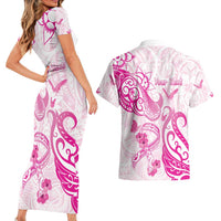 Personalised Breast Cancer Awareness Couples Matching Short Sleeve Bodycon Dress and Hawaiian Shirt Ribbon Polynesian Pattern White Version
