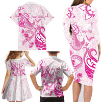 Personalised Breast Cancer Awareness Family Matching Long Sleeve Bodycon Dress and Hawaiian Shirt Ribbon Polynesian Pattern White Version