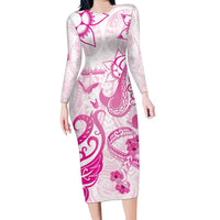 Personalised Breast Cancer Awareness Family Matching Long Sleeve Bodycon Dress and Hawaiian Shirt Ribbon Polynesian Pattern White Version