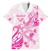Personalised Breast Cancer Awareness Family Matching Off Shoulder Maxi Dress and Hawaiian Shirt Ribbon Polynesian Pattern White Version