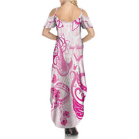 Personalised Breast Cancer Awareness Summer Maxi Dress Ribbon Polynesian Pattern White Version