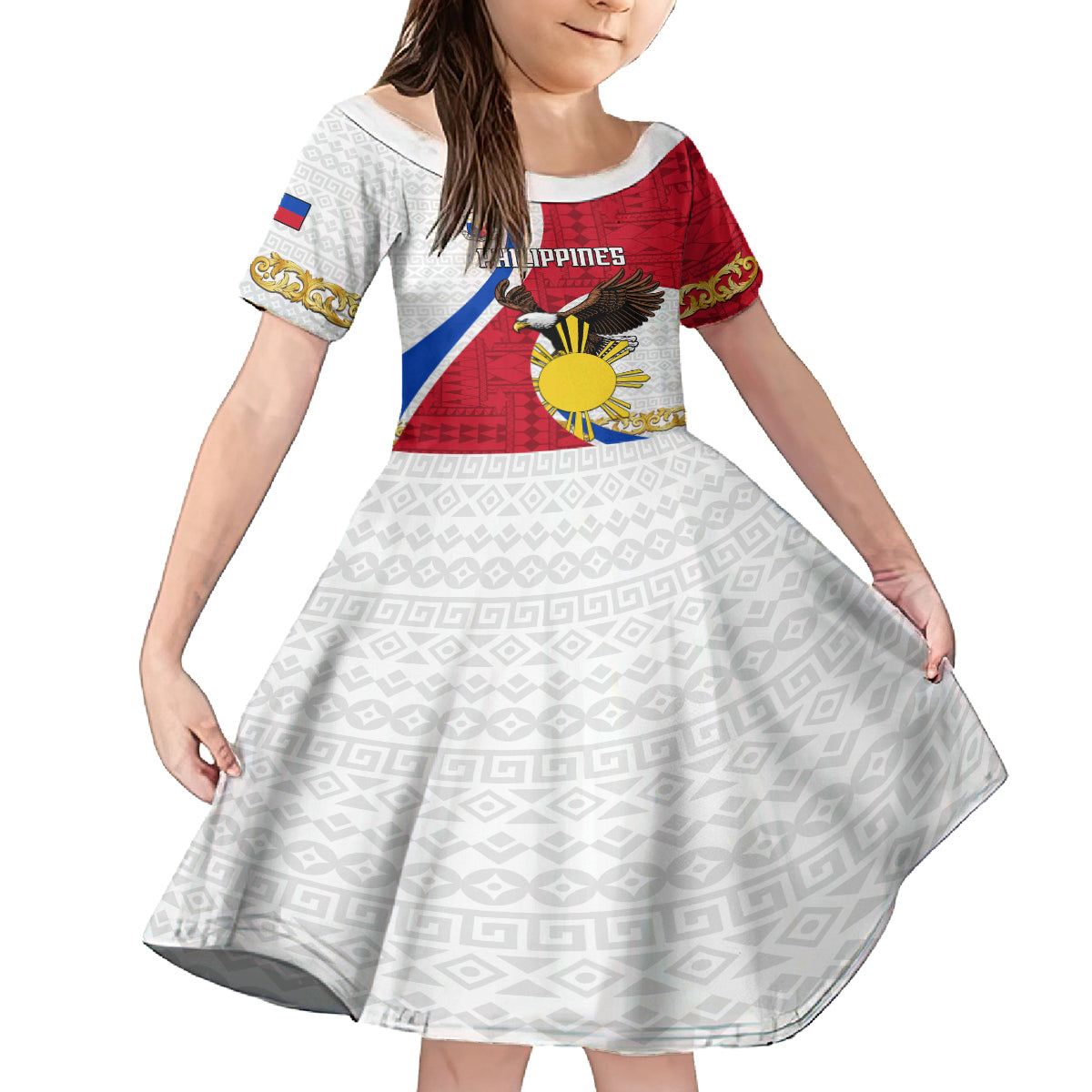 Personalized Philippines Kid Short Sleeve Dress The Eight-Rayed Sun Bald Eagle Polynesian Pattern LT05 KID Red - Polynesian Pride