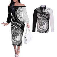 Personalized Go Fishing Couples Matching Off The Shoulder Long Sleeve Dress and Long Sleeve Button Shirts Polynesian Pattern LT05 Black - Polynesian Pride