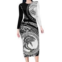 Personalized Go Fishing Family Matching Long Sleeve Bodycon Dress and Hawaiian Shirt Polynesian Pattern LT05 Mom's Dress Black - Polynesian Pride