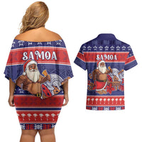 Samoa Christmas Couples Matching Off Shoulder Short Dress and Hawaiian Shirt Samoan Santa Claus Manuia Le Kerisimasi