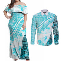 Hawaiian Tapa Couples Matching Off Shoulder Maxi Dress and Long Sleeve Button Shirt Traditional Vintage Pattern Aqua LT05 Aqua - Polynesian Pride