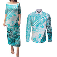 Hawaiian Tapa Couples Matching Puletasi Dress and Long Sleeve Button Shirt Traditional Vintage Pattern Aqua LT05 Aqua - Polynesian Pride