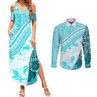 Hawaiian Tapa Couples Matching Summer Maxi Dress and Long Sleeve Button Shirt Traditional Vintage Pattern Aqua LT05 Aqua - Polynesian Pride