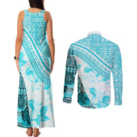 Hawaiian Tapa Couples Matching Tank Maxi Dress and Long Sleeve Button Shirt Traditional Vintage Pattern Aqua LT05 - Polynesian Pride