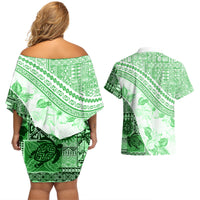 Hawaiian Tapa Couples Matching Off Shoulder Short Dress and Hawaiian Shirt Traditional Vintage Pattern Green LT05 - Polynesian Pride