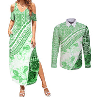Hawaiian Tapa Couples Matching Summer Maxi Dress and Long Sleeve Button Shirt Traditional Vintage Pattern Green LT05 Green - Polynesian Pride