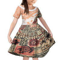Hawaiian Tapa Kid Short Sleeve Dress Traditional Vintage Pattern Orange LT05 KID Orange - Polynesian Pride