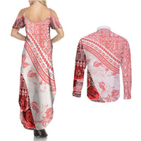 Hawaiian Tapa Couples Matching Summer Maxi Dress and Long Sleeve Button Shirt Traditional Vintage Pattern Red LT05 - Polynesian Pride