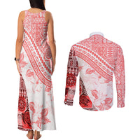 Hawaiian Tapa Couples Matching Tank Maxi Dress and Long Sleeve Button Shirt Traditional Vintage Pattern Red LT05 - Polynesian Pride