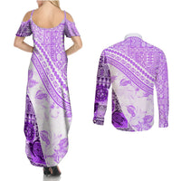 Hawaiian Tapa Couples Matching Summer Maxi Dress and Long Sleeve Button Shirt Traditional Vintage Pattern Violet LT05 - Polynesian Pride