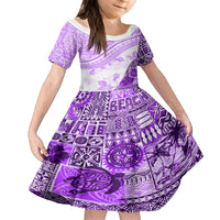 Hawaiian Tapa Family Matching Off Shoulder Short Dress and Hawaiian Shirt Traditional Vintage Pattern Violet LT05 Daughter's Dress Violet - Polynesian Pride