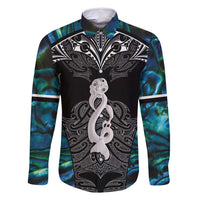 New Zealand Aotearoa Family Matching Tank Maxi Dress and Hawaiian Shirt Maori Taniwha Paua Shell LT05 Dad's Shirt - Long Sleeve Black - Polynesian Pride