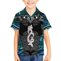 New Zealand Aotearoa Family Matching Tank Maxi Dress and Hawaiian Shirt Maori Taniwha Paua Shell LT05 Son's Shirt Black - Polynesian Pride